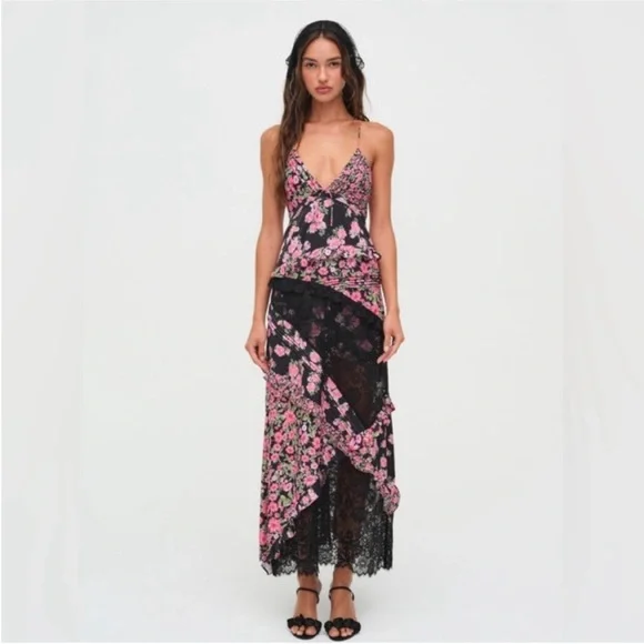 For Love & Lemons Rosalyn Maxi Dress Floral Lace Open Tie Back Black Pink Small - Picture 12 of 12